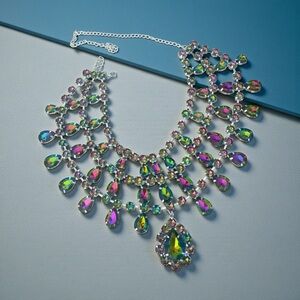 Rainbow Glass Triple Strand Collar Statement Necklace